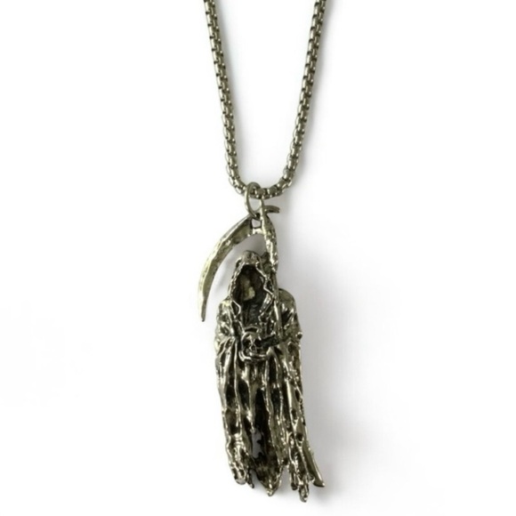Grim Reaper Skull Pendant Necklace, Silver‑Tone Gothic Biker – NWOT - Picture 10 of 15